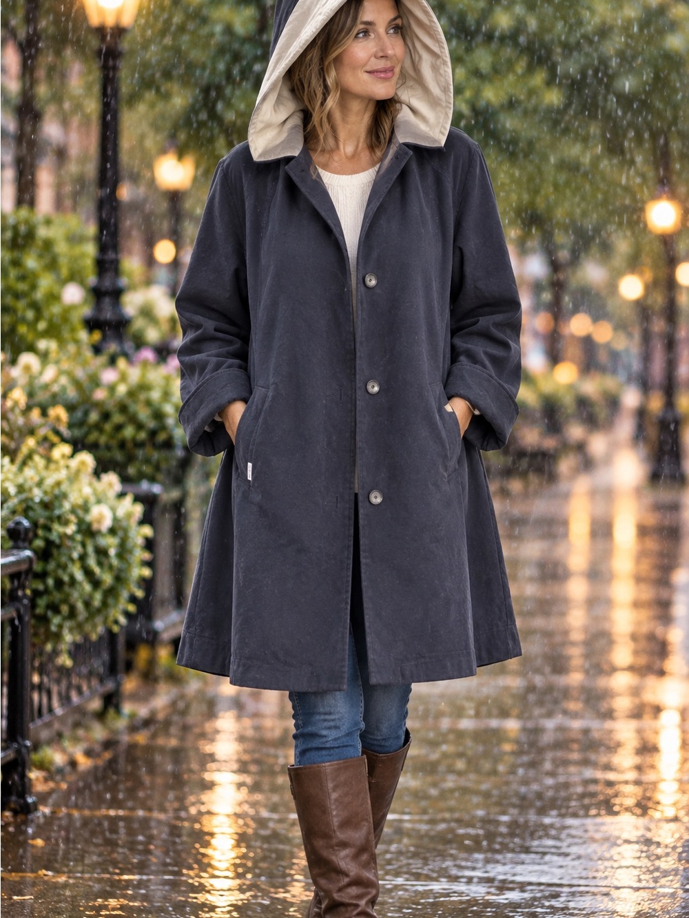 London Fog Women's Hooded Rain Coat - black